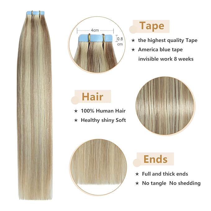 YILITE Blonde Tape in Hair Extensions 16Inch Tape in Real Hair Extensions Highlight 18 Ash Blonde Mix 613 Blonde Real Human Hair Double Side Tape ins 40g 20PCS Remy Tape in Extensions(16 inch P18/613)