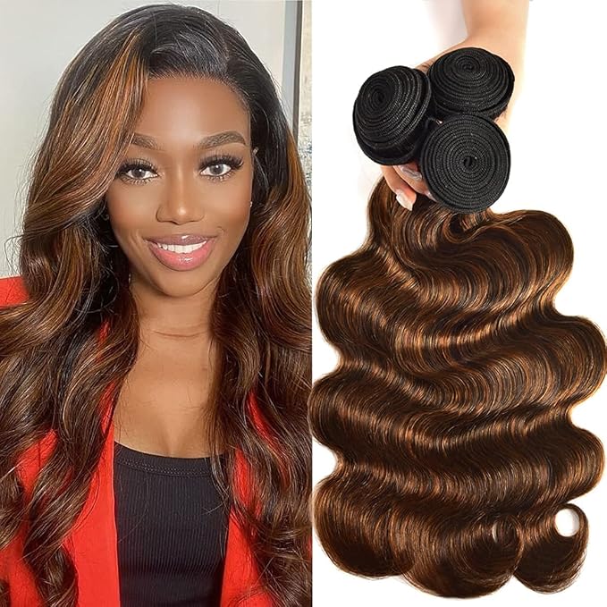 UNICE Brown Highlight Body Wave Human Hair 3 Bundles with 4x4 lace closure, Brazilian Remy Hair Ombre Human Hair Wavy Weaves FB30 Color 18 18 18+18 Closure