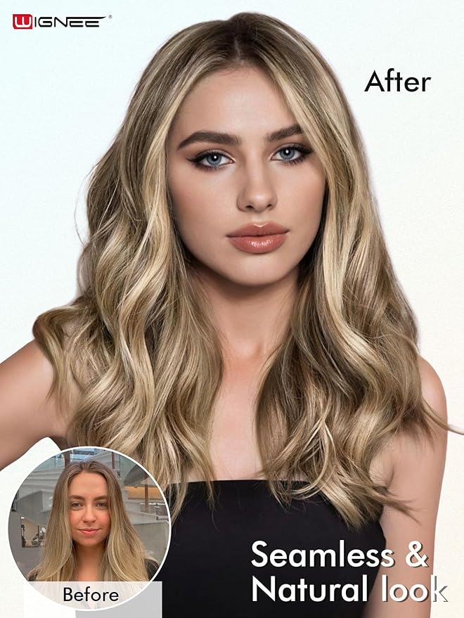 WIGNEE New Double Layered PU OVO Hair Extensions Blonde Ombre Straight Human Hair Weft with Holes 100% Remy Human Hair 20 Inch Human Hair Extensions Glueless for Thin Hair(9A/60)