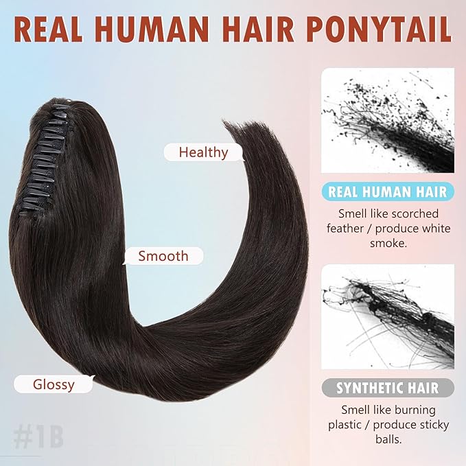 Hairro Clip On Ponytail Hair Extensions Jaw On Claw Clip Ponytails Real Hair Long Jaw/Claw Pony Tail With Clips Hairpieces For Women 22 Inch 120g #1B Natural Black