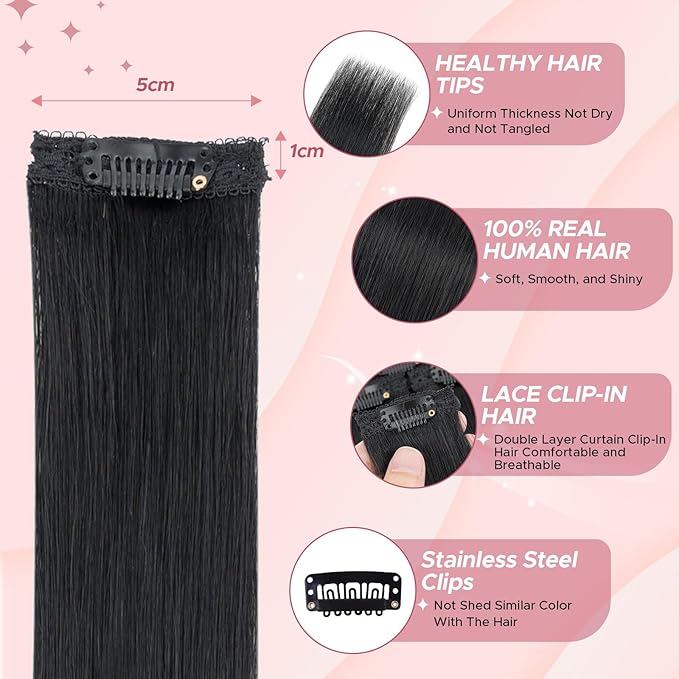 Clip in Hair Extensions Real Human Hair for Women, 16 Inch 40g 6pcs, Jet Black, Straight - Highlight, Add Volume and Length for Daily Wear, Parties, Weddings