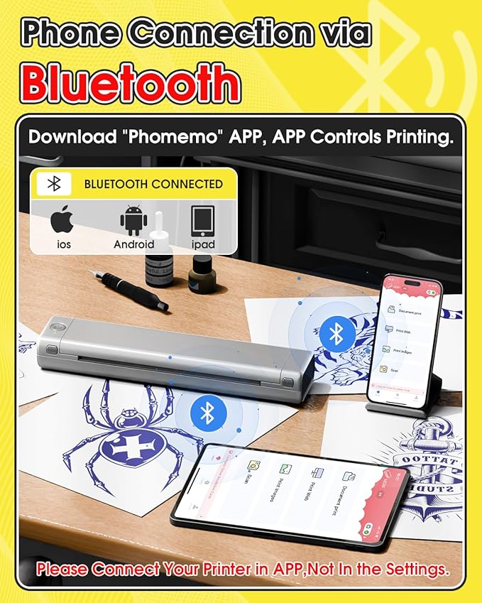 Phomemo Tattoo Stencil Printer, M08F Wireless Thermal Tattoo Printer with 10pcs Transfer Paper, Compatible with Phone/Tablet/PC, Tattoo Supplies for Tattoo Artists & Beginners, Silver