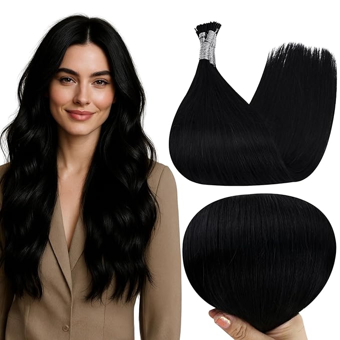 Full Shine I Tip Hair Extensions Human Hair Color 1 Jet Black 16 Inch 40 Grams Itip Human Hair Extensions Natural Remy Hair for Women Cold Fusion Prebonded Extensions