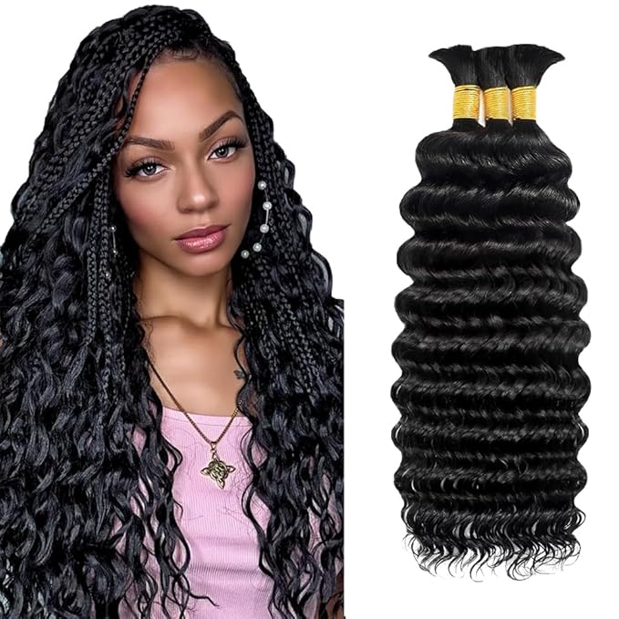Human Braiding Hair for Boho Braids 150g 3 Bundles/Pack 20 20 20 Inch Deep Wave Bundles Human Hair for Braiding Wet and Wavy Natural Color