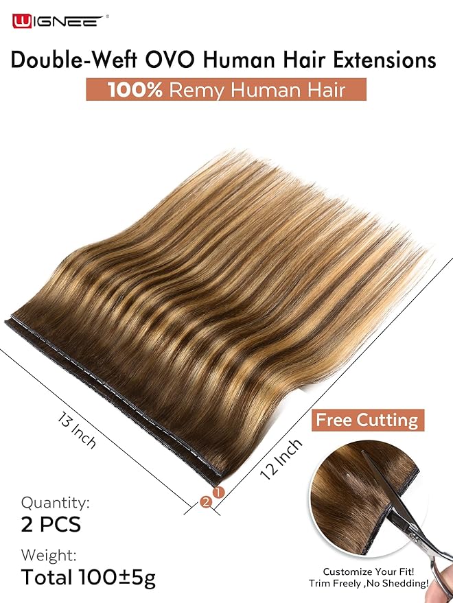 WIGNEE 12 Inch Double Invisible OVO Highlight Honey Blonde Human Hair Extensions 2 PCS,No Glue Hair Weft with Holes,Trimmable & Reusable 13 Inches Width Wefts for Short/Thin Hair,Salon Quality (T4/27)