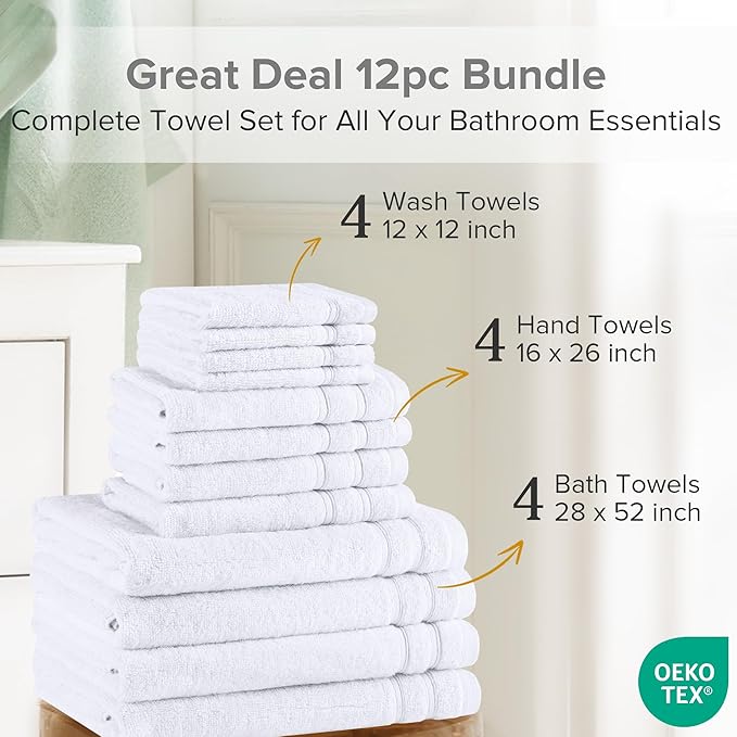 Comfort Spaces Towel Set for Bathroom 12 Piece Luxury Bath Towel Set 4 Hand Towel for Bathroom 4 Washcloth 4 Large Bath White Towel Sets 100% Cotton Quick Dry Towel Zero Twist Soft Lightweight Hotel