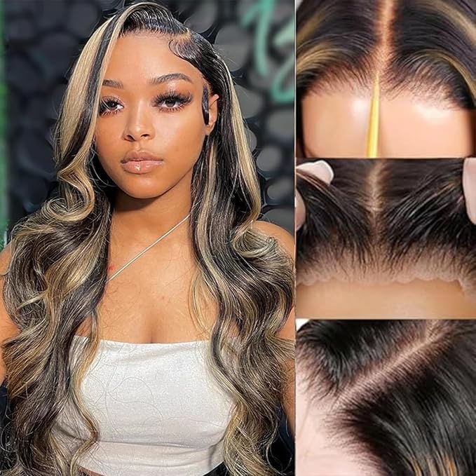 Ombre Glueless Wigs Human Hair Pre Plucked Pre Cut 5x5 Hd Lace Closure Wigs Human Hair 32 Inch 1B/27 Colored Highlight Body Wave Wigs 250% Density Glueless Wigs for Beginners