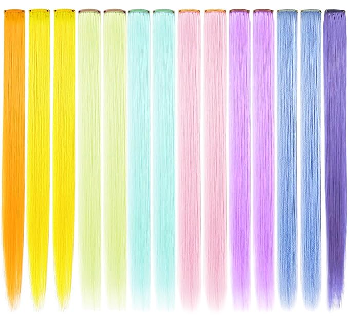 14PCS 20''Rainbow Wig Pieces Multi-Colors Clip in Colored Hair Extensions Party Highlights Hair Accessories Extensions for Girls Women(Candy color)