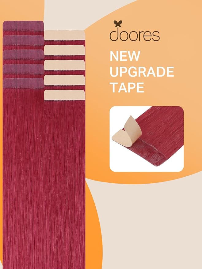 DOORES Human Hair Extensions Tape in Hair, Burgundy Red Tape in Hair Extensions, Human Hair Straight, 30g 10pcs 22 Inch, Burgundy Red