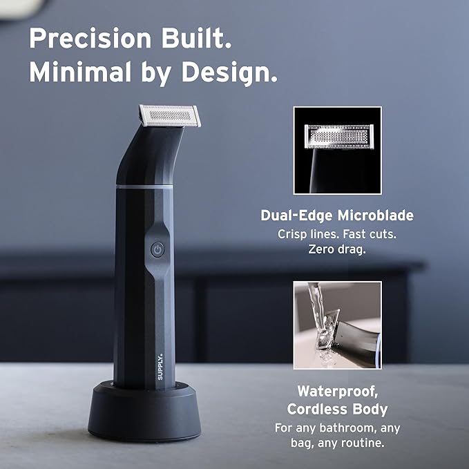 Supply Electric Beard & Body Trimmer – Waterproof, Cordless Precision Groomer with Adjustable Length Dial & Long-Lasting Battery – Includes 1 Blade Set, Charging Dock, USB-C Cable & Travel Cap