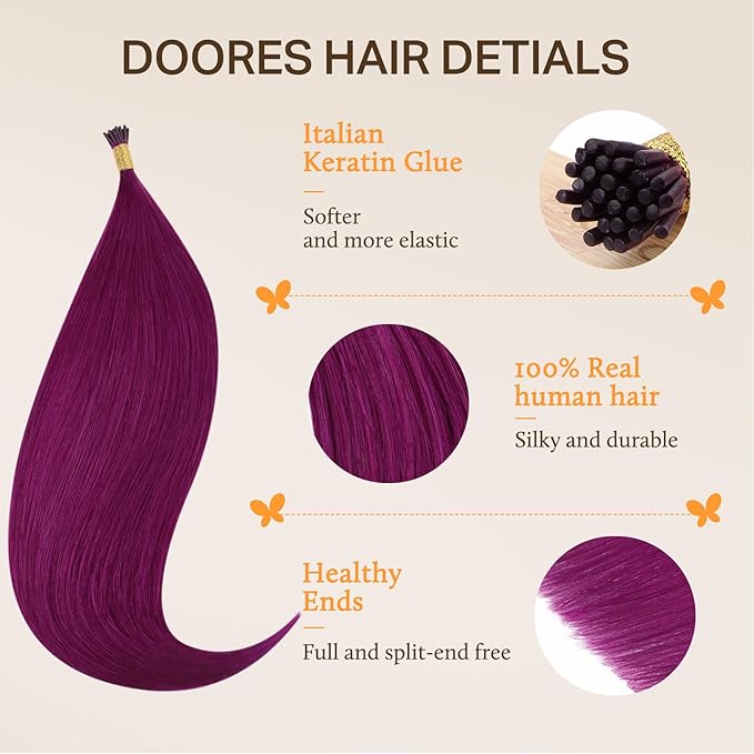 Doores I Tip Hair Extensions, Violet 20 Inch 25g/25s, Remy Hair Extensions, Itip Human Hair Extensions