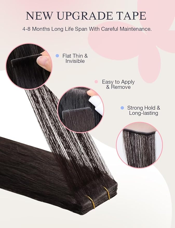 DOORES Invisible Seamless Tape in Hair Extensions Human Hair Invisi Edge, Dark Brown 20 Injection Tape-ins with 20 Classic Tape-ins 100g 16 Inch, Virgin Human Tape in Extensions