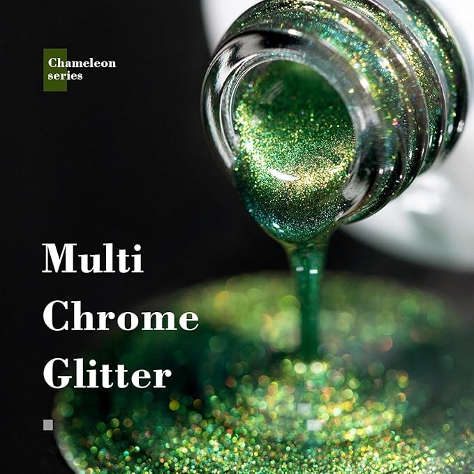RARJSM Chameleon Glitter Gel Nail Polish Green to Blue Color Changing Pigments Gel Polish 15ML Multichrome Holographic Sparkle Shimmer Nail Gel Varnish Soak Off Curing Requires DIY at Home Salon
