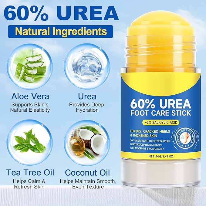 60% Urea Foot Care Stick with 2% Salicylic Acid, Foot Cream Moisturizer for Dry Cracked Feet, Knees, Elbows, Hands,Exfoliating Moisturizer, Dead Skin Remover Foot Balm 2.8oz