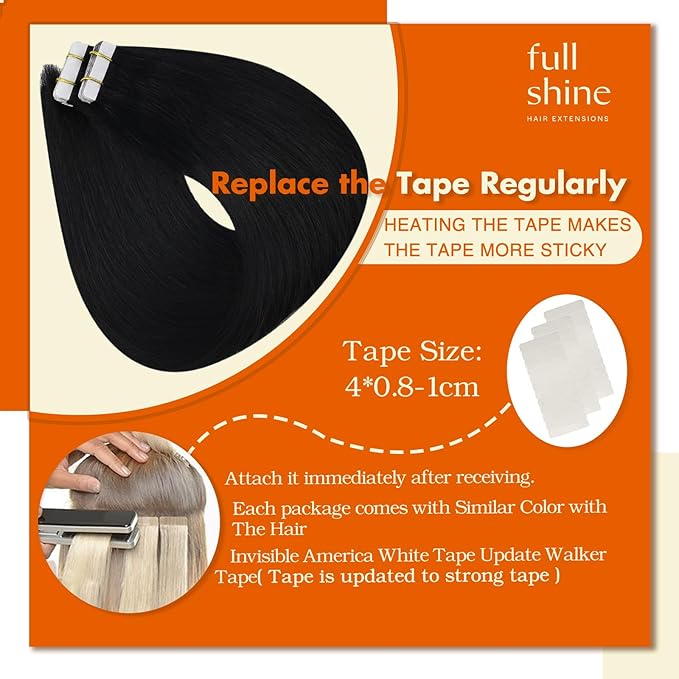 Full Shine Tape in Hair Extensions Human Hair Color 1 Jet Black Tape in Extensions 18Inch Straight Seamless Skin Weft 100G 40Pcs Invisible Extension for Women Add Volume