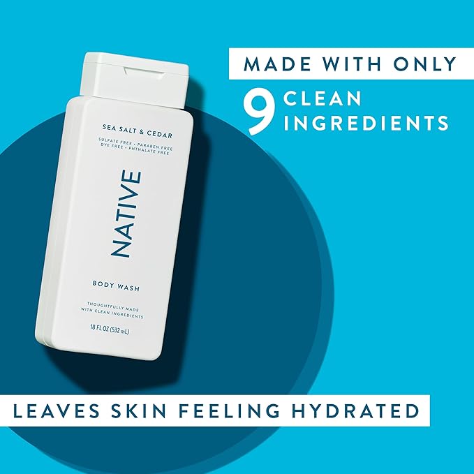 Native Body Wash Contains Naturally Derived Ingredients | For Women & Men, Sulfate, Paraben, & Dye Free Leaving Skin Soft and Hydrating | Sea Salt & Cedar 18 oz