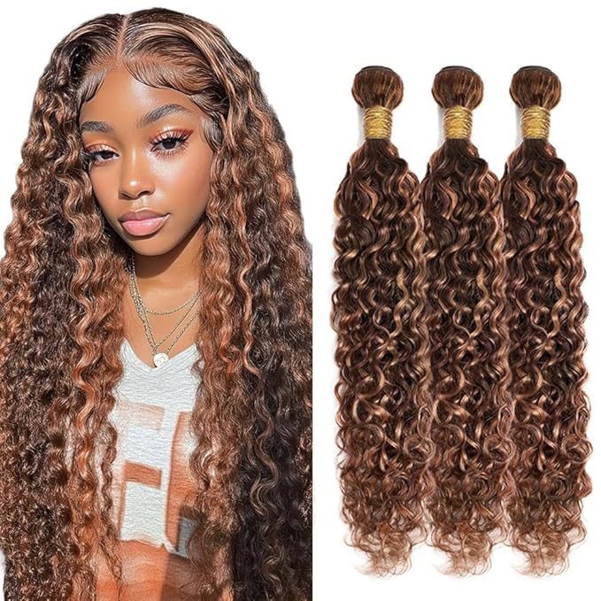 Light Brown Human Hair Bundles Highlight Water Wave Bundle 20 22 24 Inch Brazilian Virgin Hair 3 Bundles Color 30 Water Wave Bundle