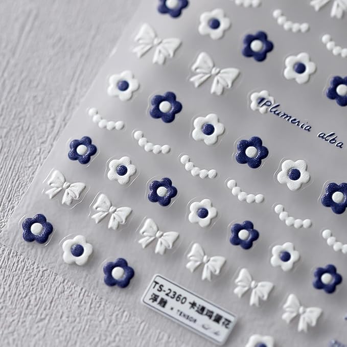 Flower Nail Stickers 5D Embossed Nail Art Stickers Decals Bows Plumeria Floral Nail Design Stickers for Women Girls Self-Adhesive Nail Art Decoration(1, Plumeria)