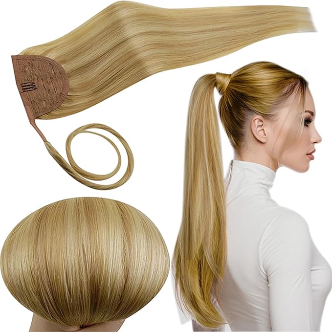 RUNATURE Ponytail Extension Human Hair, Blonde Real Hair Ponytail Extension, Wrap Around Human Hair Ponytail, Daily Wearing, Easy to Install, 18 Inch 80g #16P24 Golden Blonde Highlights