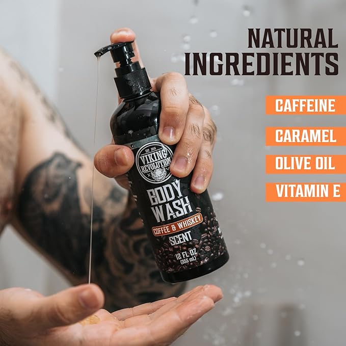 Viking Revolution Men's Body Wash - Coffee Whiskey Mens Body Wash - Mens Natural Body Wash for Men with Vitamin E and Olive Oil - Shower Gel Body Wash Men (12 Fl Oz, Pack of 1)