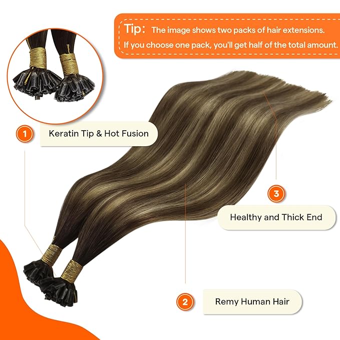 Full Shine Utip Human Hair Extensions 18 Inch 50 Grams Dark Brown Ombre to Brown Highlight Blonde Keratin Tip Hair Extensions Human Hair Straight Natural Extensions add Length