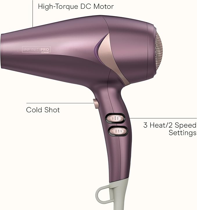 Infiniti PRO CONAIR Style & Shine Hair Dryer with Diffuser and Concentrator, 1875W Style & Shine Blow Dryer with Tourmaline and Ionic Conditioning to Fight Frizz, 3 Heat & 2 Speed Settings, Purple