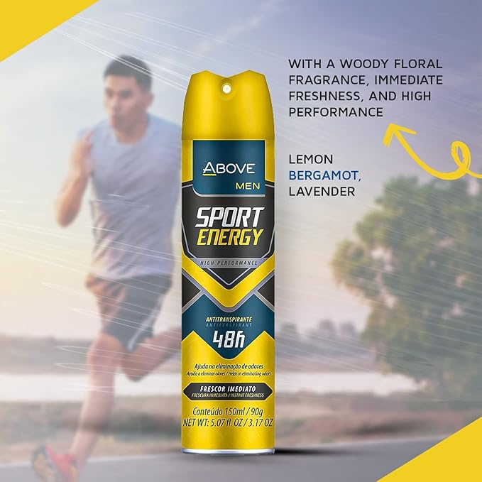 ABOVE Sport Energy - 48 Hours Antiperspirant Deodorant for Men - Woody, Floral Fragrance - Dry Spray Protects Against Sweat and Body Odor - Delivers Instant Freshness - Alcohol Free - 4 pc