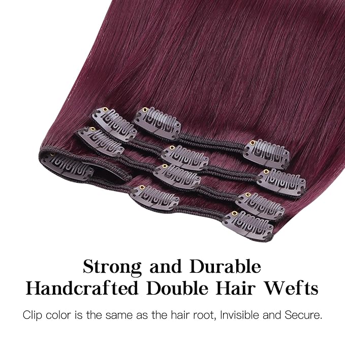 HOTBANANA Human Hair Clip in Hair Extensions, Burgundy 120g Clip in Hair Extensions Real Human Hair Straight Remy Hair 14 Inch 7pcs