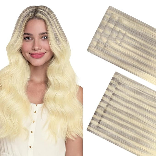GOO GOO Invisi Edge Clip in Hair Extensions Set, 14inch 170g, 5pcs Injected Seamless PU Clip ins and 2pcs Classical PU Clip ins, Virgin Real Human Hair, #(T17/22) P60