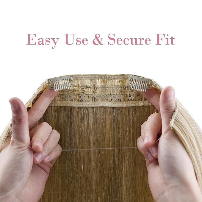 REECHO Invisible Wire Hair Extensions with Transparent Headband Adjustable Size Removable Secure Clips in Straight Secret Hairpiece for Women (14 Inch (Pack of 1), Medium Blonde with Pale Highlights)