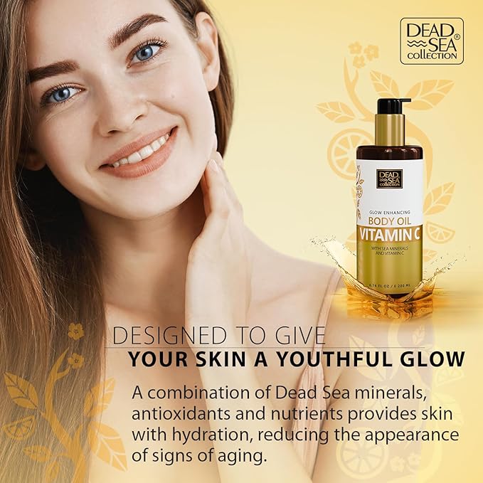 Dead Sea Collection Vitamin C Body Oil for Dry & Sensitive Skin – Moisturizing & Hydrating Skin Oil with Vitamin E & Blend of Almond, Grape, Olive, Wheat Germ Oil – Gentle Nourishing Skincare 6.76 oz