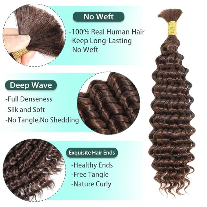Boho Hair for Braiding Deep Wave Bulk Human Hair for Braiding No Weft 3 Bundles 22 Inch 10A Brazilian Virgin Brown Deep Curly Extensions