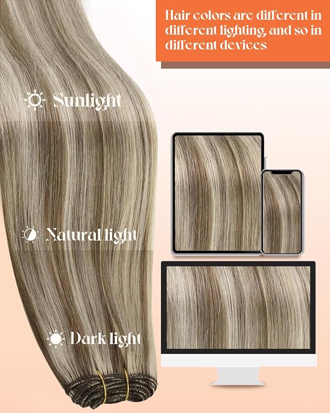 Sunny Hair Sew in Hair Extensions Real Human Hair Highlights Hair Wefts Human Hair Sew in Light Brown Mix Platinum Blonde Human Hair Weft Extensions For Women Real Hair Add Length 22inch 100g