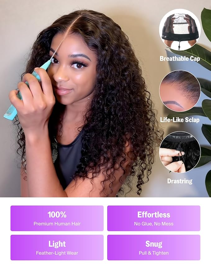 30 Inch Deep Wave Lace Front Wig Human Hair 13x6 Glueless Wigs Human Hair Pre Plucked Pre Cut Upgraded Ear-to-Ear Frontal Drawstring Culy Human Hair Wig Pre Bleached 220% Density