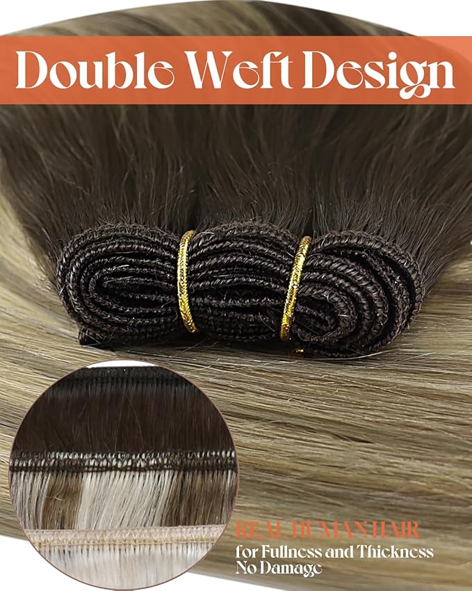 Sunny Hair Weft Hair Extensions Human Hair Ombre Sew in Hair Extensions Dark Brown Roots to Golden Brown Balayage Blonde Sew in Bundle Human Hair Short Straight Hair Wefts 70g 12inch