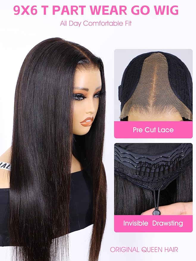 ORIGINAL QUEEN Straight Wear Go Glueless Wigs Human Hair Upgrade 9x6 T-Part Pre Cut Lace Straight Wig Pre-Plucked Flip Over Beginner Friendly Wear Go Drawstring Wig 180% Density 24 Inch