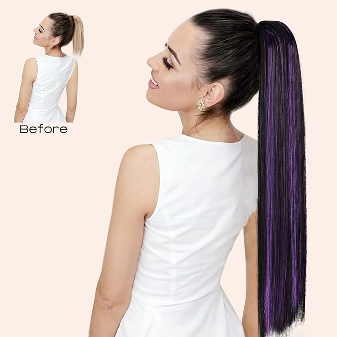 SEIKEA Ponytail Extensions Drawstring Long Straight Fake Pony Tail Natural Soft Clip in Hair Extension Synthetic Heat Resistant Hairpiece 28 Inch Natural Black with Blue Highlights