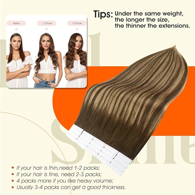 Full Shine Tape in Hair Extensions 18Inch Skin Weft Invisible Tape in Human Hair Medium Brown to Honey Blonde Real Human Hair Extensions Tape ins 50G Balayage Hair Extensions for Wedding 20pcs 4/24/4