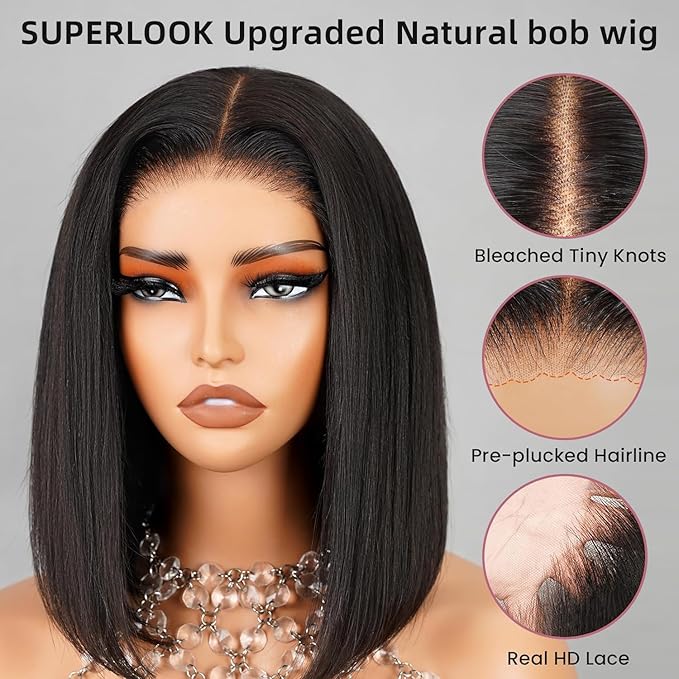 12inch 5x6 Bob Wig Human Hair 12A Pre Cut-Wear and Go Glueless Wig Human Hair C-Part 210% Density Real Bleached Knots Straight Hair Bob Wigs