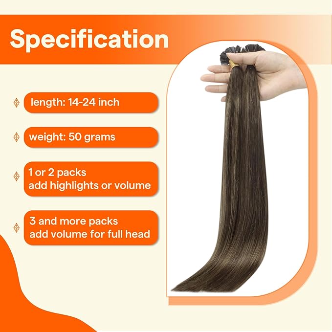 Full Shine K Tip Hair Extensions Real Human Hair Dark Brown Ombre Ash Brown and Brown Fusion Hair Extensions 14 Inch Keratin Tip Extensions for Women 50 Grams