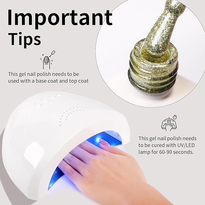 Gold Gel Polish Glitter Yellow Gold Hema Free 0.34 OZ Same Color Same Top Cover Reflective Sparkle UV Polish Manicure Art DIY