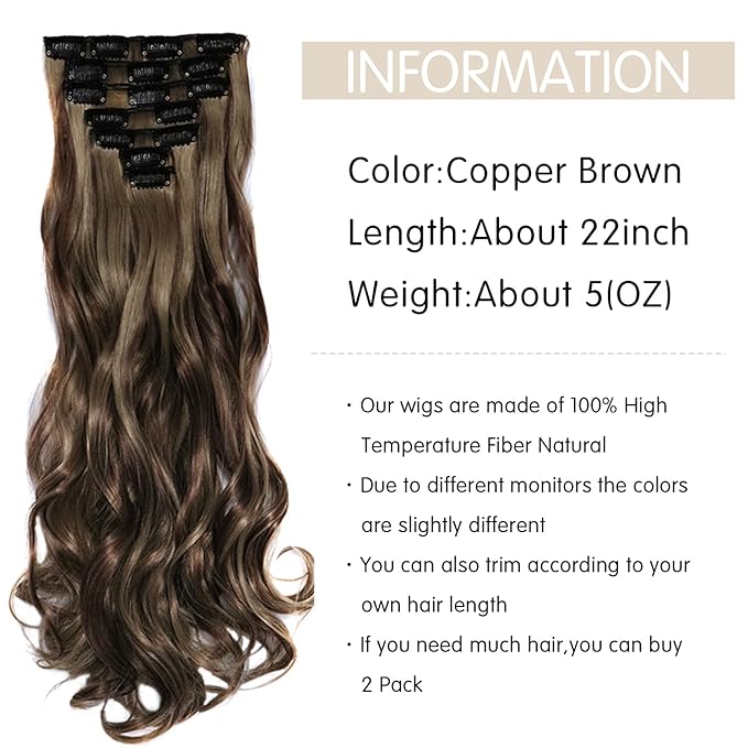 22 Inch Clip In Hair Extensions 7 PCS Long Wavy Synthetic Black Hair Extension & Natural Soft Invisible Clip Thick Hairpieces for Women Daily(20Inch, 7pcs, Copper Brown)
