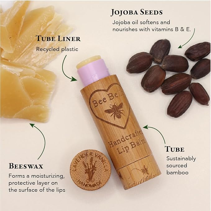 Bee Bella Lip Balm, Lavender Vanilla, 3 Pack - Moisturizing Lip Care, 100% Natural, Original Organic Beeswax with Vitamin E, Handmade in USA, Gift