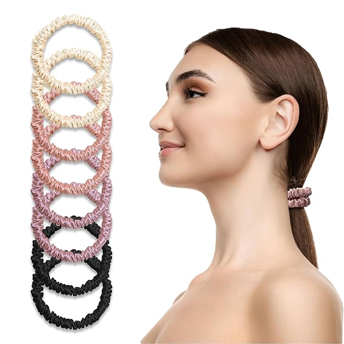 100% Silk Hair Ties – 8Pcs Pure Mulberry Silk Hair Scrunchies Smooth Skinny Small Hair Ties for Women, Soft Hair Bands Elastics for Sleeping, Frizz-Free
