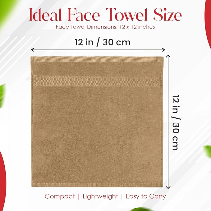 RIVERSIDE 12 Pack Premium 100% Cotton Face Washcloths, 550 GSM, 12 x 12 Inches, Soft, Absorbent Towels for Body & Shower, Bathroom Wash Clothes, Durable Face Towels Set for Spa, Gym, Tan