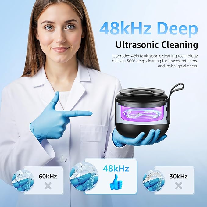 Ultrasonic Retainer Cleaner Machine: 48kHz Rechargeable Cordless Denture Cleaner - Waterproof Ultrasonic Jewelry Cleaner - 200ML Dental Cleaning Pod for Mouth Guard, Aligner, Brown