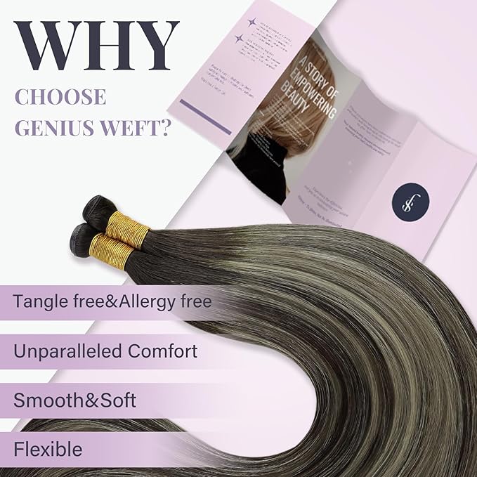 Fshine Genius Weft Hair Extensions Human Hair Weave Real Human Hair for Women Dark Brown Balayage Blonde Sew in Hair Genius Weft Natural Hair 24 Inch 60g