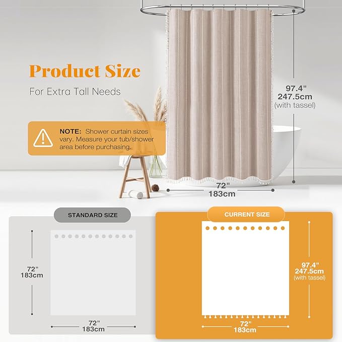 BTTN Extra Long Shower Curtain, 72x96 Long Striped Boho Chic Linen Fabric Heavy Duty Shower Curtain Set with Hooks, Tall Bohemian Farmhouse Luxury Tassel Cloth Shower Curtains for Bathroom, Tan/Taupe