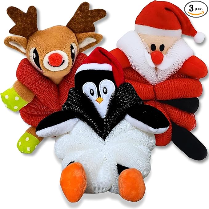 Cute Holiday Bath Sponge - Mesh Body Pouf, Gentle Shower Sponges