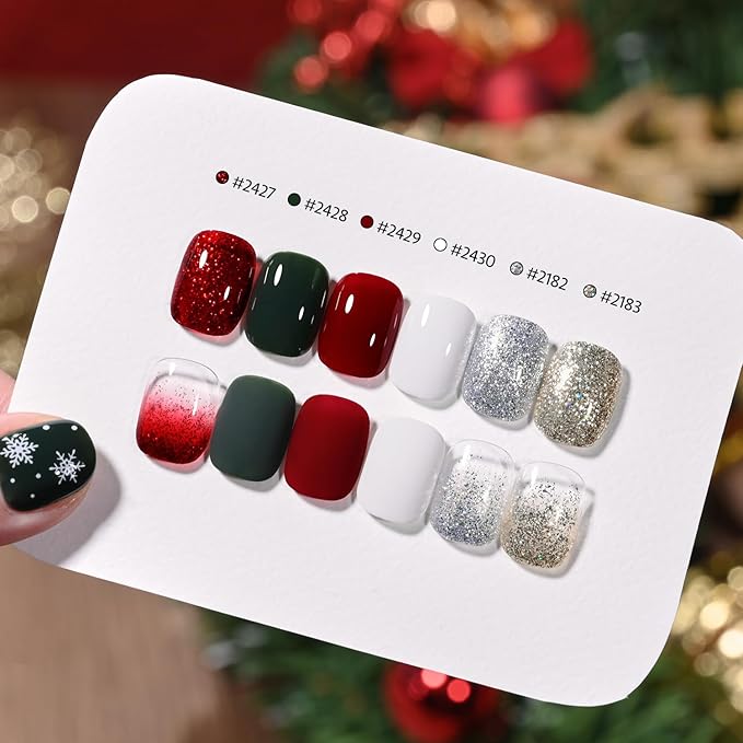 GAOY Red Christmas Gel Nail Polish Set, 6 Colors White Dark Green Glitter Sparkle Winter Soak Off UV Light Cure Gel Polish Kit for Salon and Nail Art DIY at Home